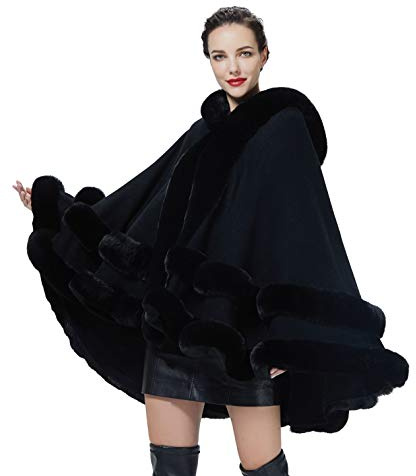 BEAUTELICATE Poncho Fourrure Femme Cape à Capuche Châle Étole Tricoté Manteau Léger pour Automne Hiver Mariage Soirée Gala Mariée Demoiselle d'honneur(Taille Unique, Noir)
