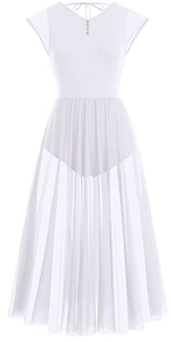 Women Lyrical Dance Costumes Cap Sleeve V-Neck U Backless Ballet Leotard Gymnastics Side Slit Mesh Tulle Long Skirt Maxi Flowy Dress Adult Latin Salsa Modern Contemporary Ballerina Dancewear White S