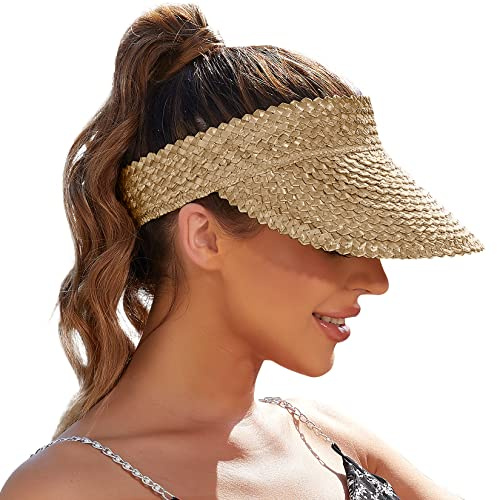 Beach Sun Hats for Women, Hand Woven Natural Straw Visors Hats UPF50+ Travel Sun Protection for Summer Adjustable Packable