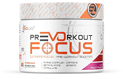 EVOLabs® PrEVOrkout Focus Pulver 221g Pre-Workout Booster,Pump&Gaming Booster mit N-Acetyl-L-Cystein, Beta-Alanin, Guarana, Taurin&Siberian Ginseng, Trainingsbooster (Fruit Punch)