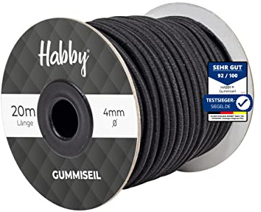 Habby Accessories spänngummi för presenning, expanderrep, gummirep för släpvagnspresenning, presenningsrep, bungee cord, spännrep, mycket elastiskt rep, svart (20 m), Ø 4 mm