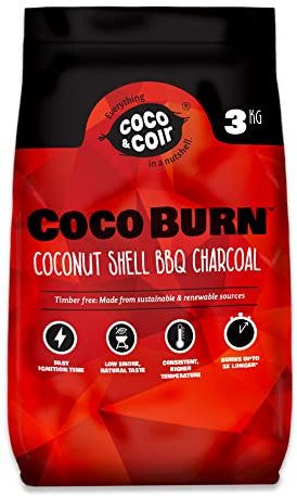 COCO & COIR Natural BBQ Charcoal | 3KG Bag | Coconut Shell Briquettes | Perfect for Outdoor Barbecues | Long Burn | 100% Natural
