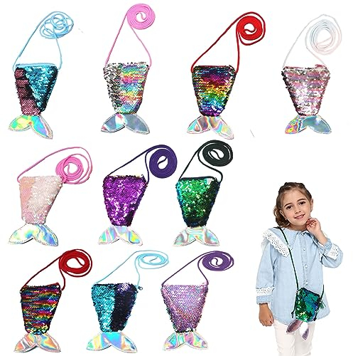 KAYEF10 Stück Meerjungfrau Tasche Kinder Pailletten Geldbörse Kinder Meerjungfrau Pailletten Geldbörse Meerjungfrau Schwanz Pailletten Mini Crossbody Tasche Kinder Geburtstag Geschenk