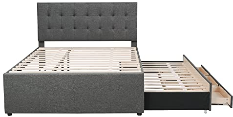 KecDuey Cama tapizada de 140 x 200 cm, cama doble de lino con cama extraíble y 3 cajones, altura regulable, cabecero nido, cama familiar (gris oscuro), WM000502