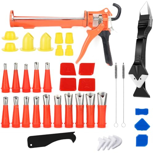 Silikonspritze Set, Metall Kartuschenpresse mit Fugenglätter Fugenabzieher für 330ml Silikonkartuschen, Kartuschenpistole Kompakt Silikonpistole Wiederverwendbar Silikonpresse Werkzeug für Bad
