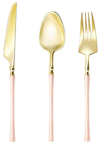 Lullaby 90pcs Gold Plastic Silverware, High End Disposable Cutlery with Pink Handle Include 30 Forks, 30 Spoons, 30 Knives, Elegant Disposable Silverware for Wedding, Party, Gathering and Daily Use