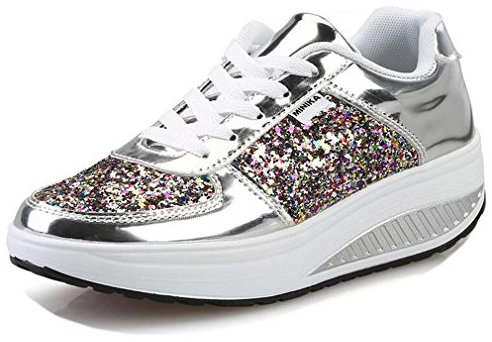 Solshine Damen Lackoptik Plateau Turnschuhe Glitzer Sneakers Freizeitschuhe M425 Silber 41EU