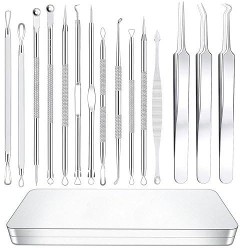 Mitesserentferner Komedonenquetscher Set 15 Stücke Blackhead Remover aus Edelstahl Pickel Ausdrücken Werkzeug mit Metallgehäuse Akne Mitesser Tools Mitessern und Pickeln im Gesicht Pickel Werkzeug Set