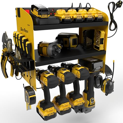 Toolganize Power Tool Organiser, Storage Rack with Power Strip Charging Station, Heavy-Duty for Workshop & Garage Tools - 4 Slot, Yellow.