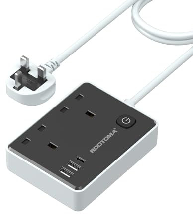 Extension Lead with 3 USB Slots (1 USB C), Surge Protected 2 Plug Extension Lead 2M with Switch, USB Power Strip for Home Bedroom Kitchen Office, Black