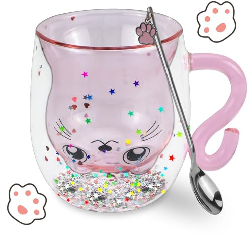 WPPQWP Vasos de doble pared para gatos, 300 ml, tazas lindas con cuchara, regalo para amantes de los gatos/mujeres/niños, con lentejuelas, taza de café, regalo de cumpleaños (rosa, 300 ml)