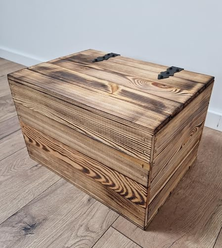 PYXIDAS Wooden Storage Crates & Boxes with Lid - Stackable Rustic Decor (Burnt effect, 40x30x27)