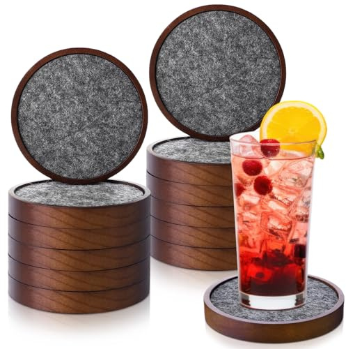 Patelai 12 Pcs Wooden Drink Coasters Set 4.3'' Absorbent and Insulation Felt Stackable Cup Holders for Tabletop Protection, Rustic Glass Coaster for Coffee, Home Decoration