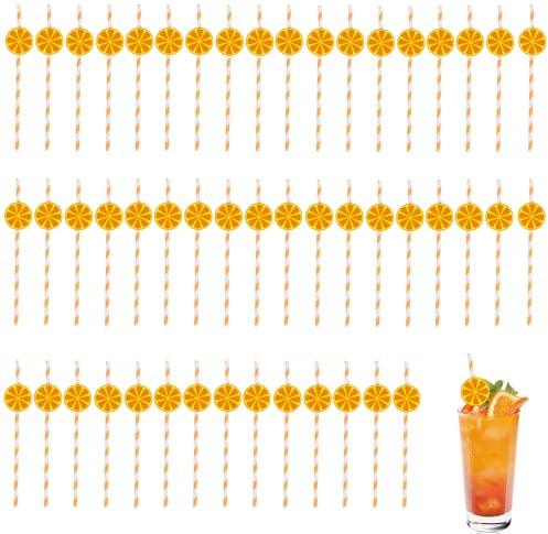 AONAYO 50 pajitas de papel, bonitas pajitas de papel, 20 cm, pajitas de papel a rayas naranjas y blancas, pajitas desechables para fiestas de frutas de verano, decoración de bebidas, cumpleaños, bodas