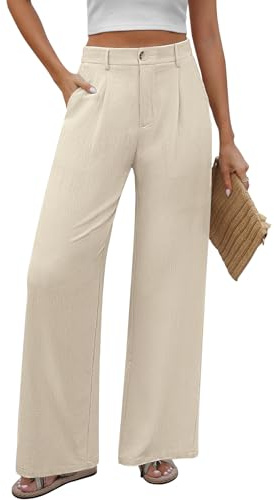PASUDA Pantalon Femme Été Fluide Pantalons Taille Haute Elastique Léger Ample avec Bouton Pantacourt avec Poches Longueur Droit Pants Chic Décontractée Travail (Beige, S)