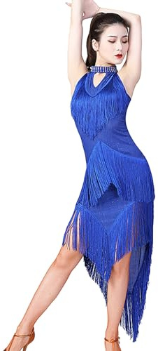 Vestito con Frange Donna Paillettes - Abito da Ballo Latino con Paillettes da Abito con Frange Irregolari Costume da Spettacolo (Blue, M)