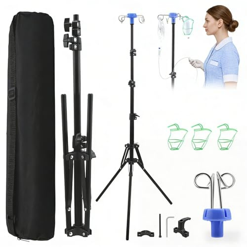 Retractable IV Drip Stand on Wheels Collapsible Aluminum Drip Stand with 4 Hooks & 3 Net Bags, Portable IV Pole with Tripod Base & Storage Bag for Home Hospital Clinic Use