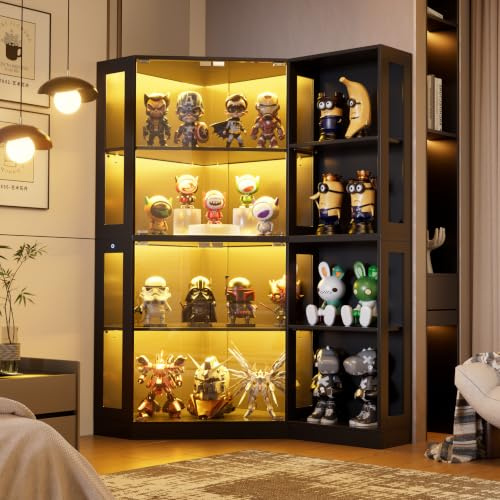 65 Corner Display Cabinets with Glass Door, Curio Storage Cabinet | 4-Tier Display Case with 3 Color Lights, Human Body Sensor, Magnetic Lock, Corner Shelf Unit for Collectibles, Living Room