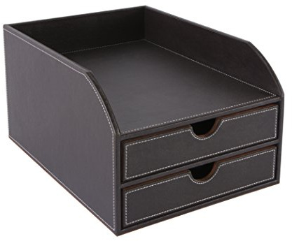 OSCO Faux Leather 2-Tier Desk Paper Sorter with Letter Tray, A4 Document File Storage, Chocolate Brown, Compact Office Magazine Holder, 248×340×185 mm