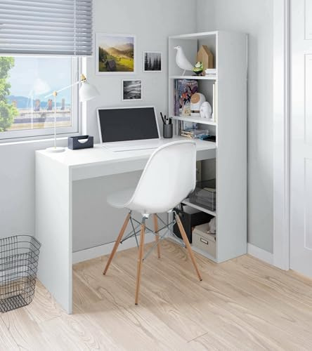 Dmora - Scrivania Denton, Scrittoio Multifunzione Reversibile con libreria 5 Ripiani, Tavolo da Studio o Ufficio Porta PC portalibri, 120x53h144 cm, Bianco