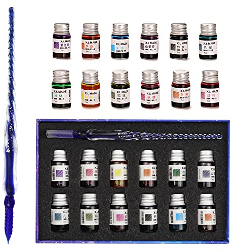 AOKUY Glasstifte-Set kalligraphie, Kalligraphie Dip Pens,12 bunte Tinten,Kaligraphie-Sets für Kunst, Schreiben, Unterschriften, Dekoration, Geschenk.