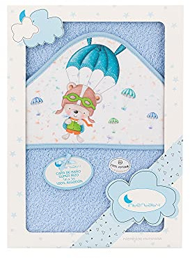 Interbaby - Capa de Baño Bebe Azul | Toalla Bebe con Capucha 100% Algodón, 100x100cm, Unisex | Suave, Cómoda, Secado Rápido | Ideal Recién Nacidos, Bebes y Niños Pequeños | Diseño Paracaidista
