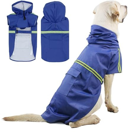PETCUTE Impermeabile per Cani,Antipioggia Regolabile per Cani con Cappuccio e Foro per Colletto,Strisce Riflettenti Protettive,Ultraleggero 100% Cappotto Impermeabile per Animali Domestici
