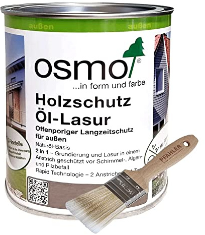 Osmo Holzschutz Öl-Lasur - 0,75 l (906 Perlgrau) + Flächenstreicher Pinsel von Pfahler Gratis. Grundierung und Lasur in einem Anstrich, Wirkt wasserabweisend und ist äußerst wetterund UV-beständig