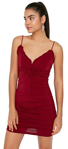 Trendyol Women's Mini Bodycon Regular Dress, Burgundy, 40 UK