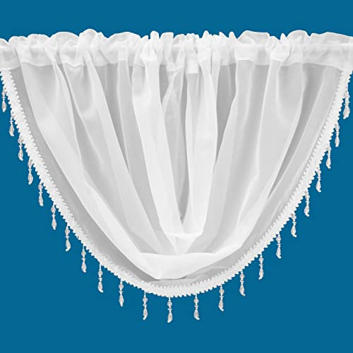 Plain Beaded Voile Swags Net Curtains Voile Swag Valance Pelmet (White)