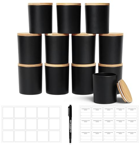 Winter Shore 270ml Barattoli per Candele [Pacco da 12] - Contenitori per Candele Vuoti Smerigliati Neri con Coperchi in Bambù, 15 Etichette Stampate e 15 in Bianco, Penna -Lavabili in Lavastoviglie