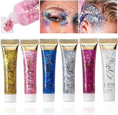 Teekerwan 6 paillettes de visage, Concert Glitter gel, Face Eye Hair Festival carnaval accessoires maquillage, Brillant corps féminin Glitter Gel (01)
