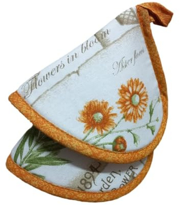 Ricami Fiorentini Baldi Set 2 presine cappuccio da cucina in cotone 100%, divertenti, campanella, colorate. Prodotto Artigianale Toscano (Botanic arancio, 2)