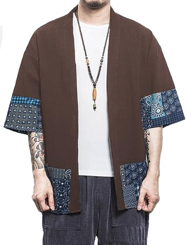 perdontoo Camicia Kimono T-Shirt Uomo Cardigan Giacca Top Casual Camicetta Vintage Elegante Estiva Coppia (Marrone, M)