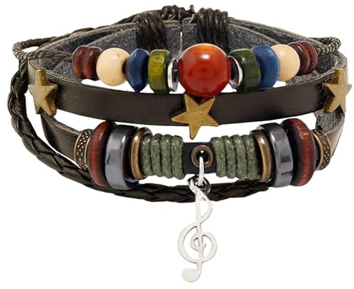 Qusmeiyici Leather Bracelets for Women, Handmade Woven Wrap Bracelet Multi-Layer Crystal Bracelet Star Music Note Aesthetic Jewelry Fairy Grunge Accessories(Brown)