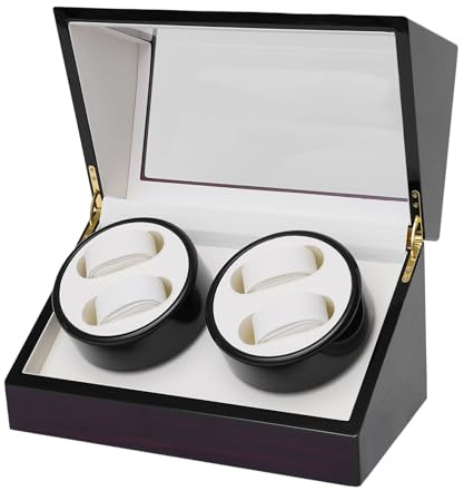 Caja giratoria automática para 4 relojes con motor silencioso, piel sintética de lujo, caja automática para relojes automáticos, madera de sándalo exterior e interior blanco