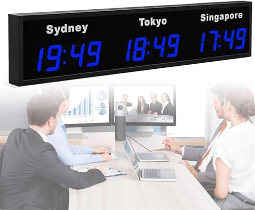 Reloj mundial digital LED grande con pantalla de múltiples zonas horarias, ideal para el seguimiento global de la hora en hoteles, aeropuertos y oficinas multinacionales