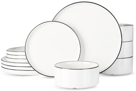 Richmount - Servicio de mesa 12 piezas de porcelana para 4 personas, Juego de platos con borde moderno elevado, Compatible con microondas y lavavajillas, Blanco con borde negro