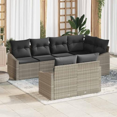 Frdhee Juego de muebles de salón de jardín pequeño para sofá, jardín con cojín con almacenamiento, 7 unidades, gris claro, grupo de banco de esquina para balcón, terraza, patio trasero