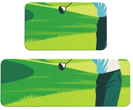 Golf Course Printed Kitchen Rugs Set of 2, Cushioned Anti-Fatigue Kitchen Mats for Floor, Waterproof Comfort Standing Mat Absorbent Velvet Kitchen Runner Rugs 17x30+17x47