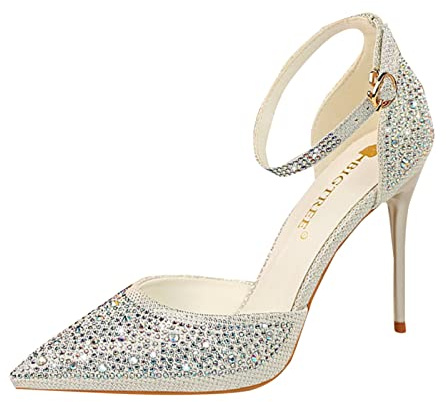 Glitterpumps dam eleganta höga klackar med strass ankelremmar klack skor glänsande brudskor spets kvällsskor stilettos bröllopsskor 12 cm klackhöjd högklackade skor
