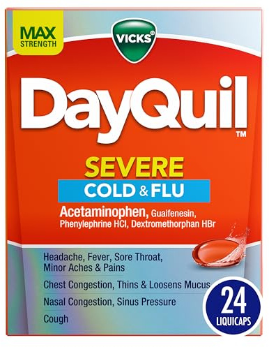 Vicks DayQuil Severe Cold, Flu & Congestion Medicine, Liquicaps, Maximum Strength Orange, 24 Count