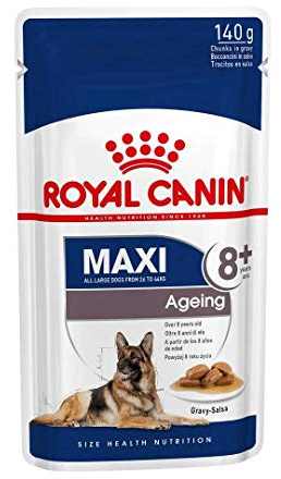 ROYAL CANIN Cibo umido Maxi età 8+ pezzi di carne in salsa per cani senior di grandi razze – Scatola 10 x 140 g (borse)