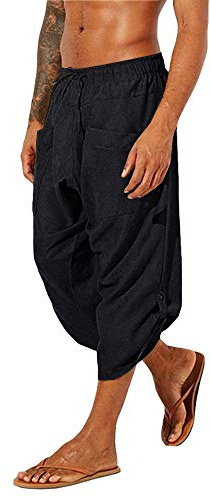 Gafeng Mens Linen Harem Capri Pants Drawstring 3/4 Shorts Casual Beach Yoga Hippie Thai Pants