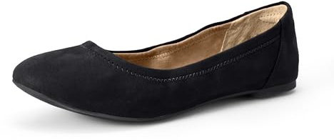 Amazon Essentials Women's Comfortable Round Toe Ballet Flats, Cushioned Memory Foam, Black Microsuede, 7.5 Wide