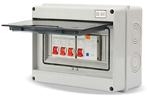 3-Way Miniature Circuit Breaker Panel with 63A 30mA RCD, IP65 Water Proof Shield, 6A+16A+32A MCB, for Garage, Workshop, Caravan, Outbuildings (No Busbar)