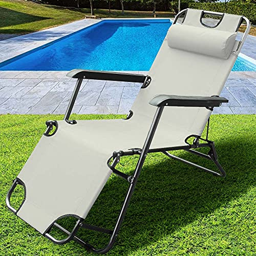 BAKAJI Sedia Sdraio Reclinabile in Lettino Prendisole Esterno Giardino Poltrona Relax Pieghevole in Metallo e Tessuto Oxford Traspirante con Poggiatesta Imbottito Terrazzo Piscina Spiaggia (Beige)