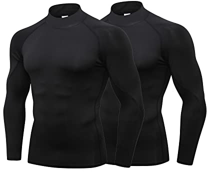 LANBAOSI Paquete de 3/2 camisas de cuello alto con compresión para hombre, de manga larga, con protección solar, para enfriamiento, ropa de entrenamiento para el gimnasio, 2 negros., L