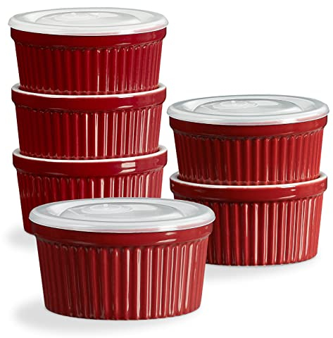 ONEMORE Porcelain Ramekins Set with Lids Set of 6, 8 OZ Ramekin Dishes for Creme Brulee Soufflé, Oven Safe, Red