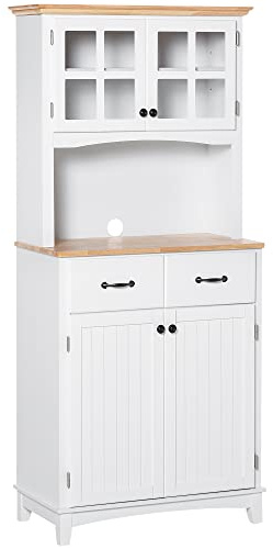 HOMCOM Freestanding Kitchen Cupboard, Kitchen Storage Cabinet with Framed Glass Doors, 2 Drawers, Microwave Counter, White